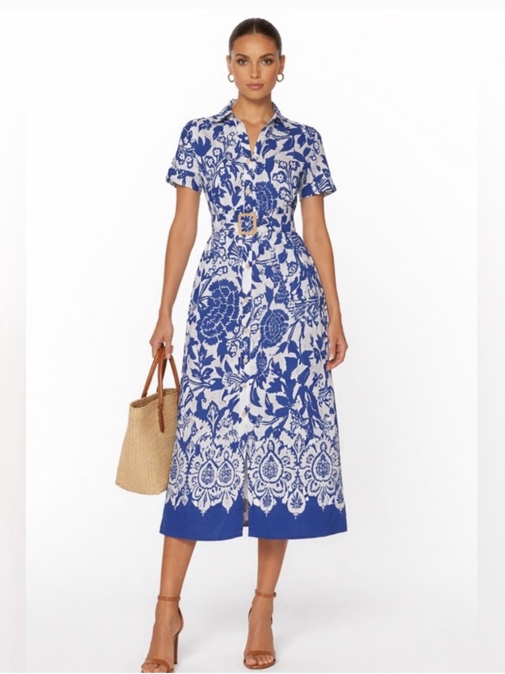 Joie Blue & White Floral Button-Front Midi Dress Belted Shirt Dress